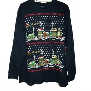 Christmas Cheer Men's 2X Navy Winter Santa Village Scene Ugly Christmas Party